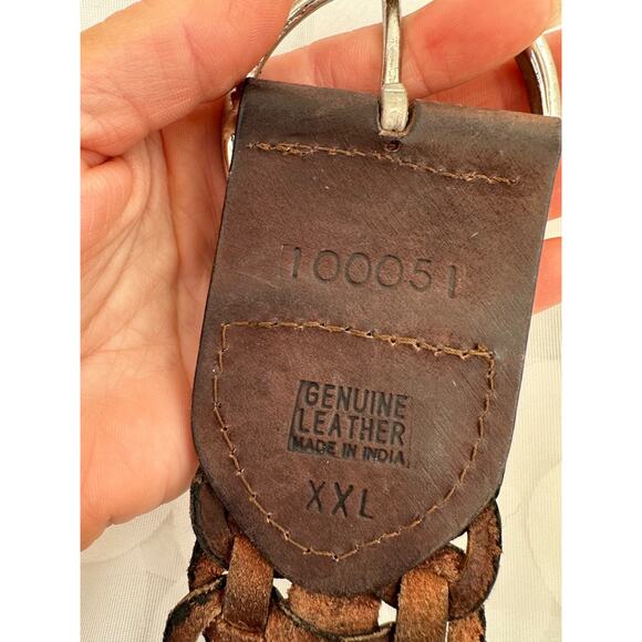 Womens XXL WIDE Brown Woven Hip Belt Genuine Leather Huge silver Buckle Boho - Picture 6 of 6